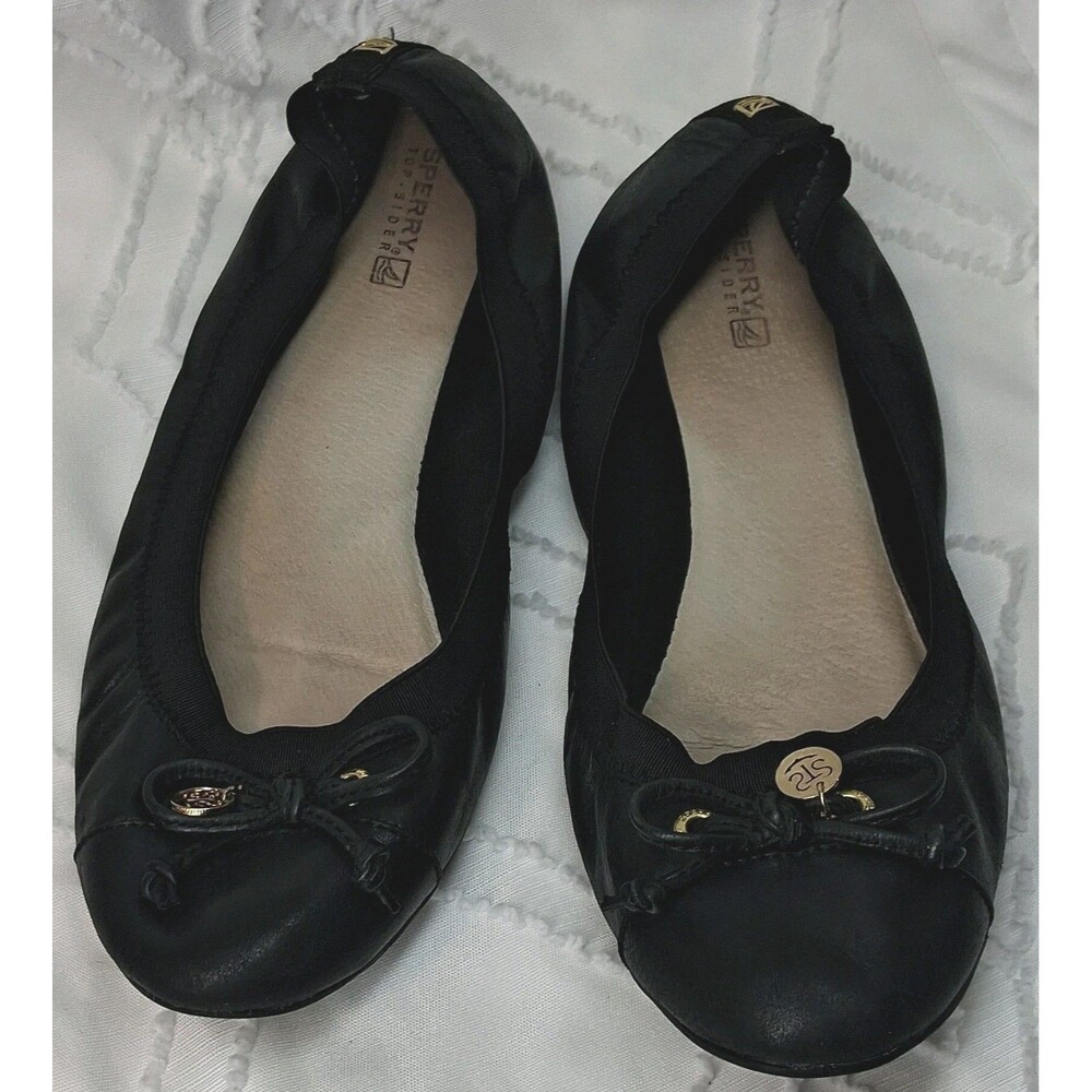 Sperry Black Leather Ballet Flats Bow Comfort Slip On Women's 10M Work Packable